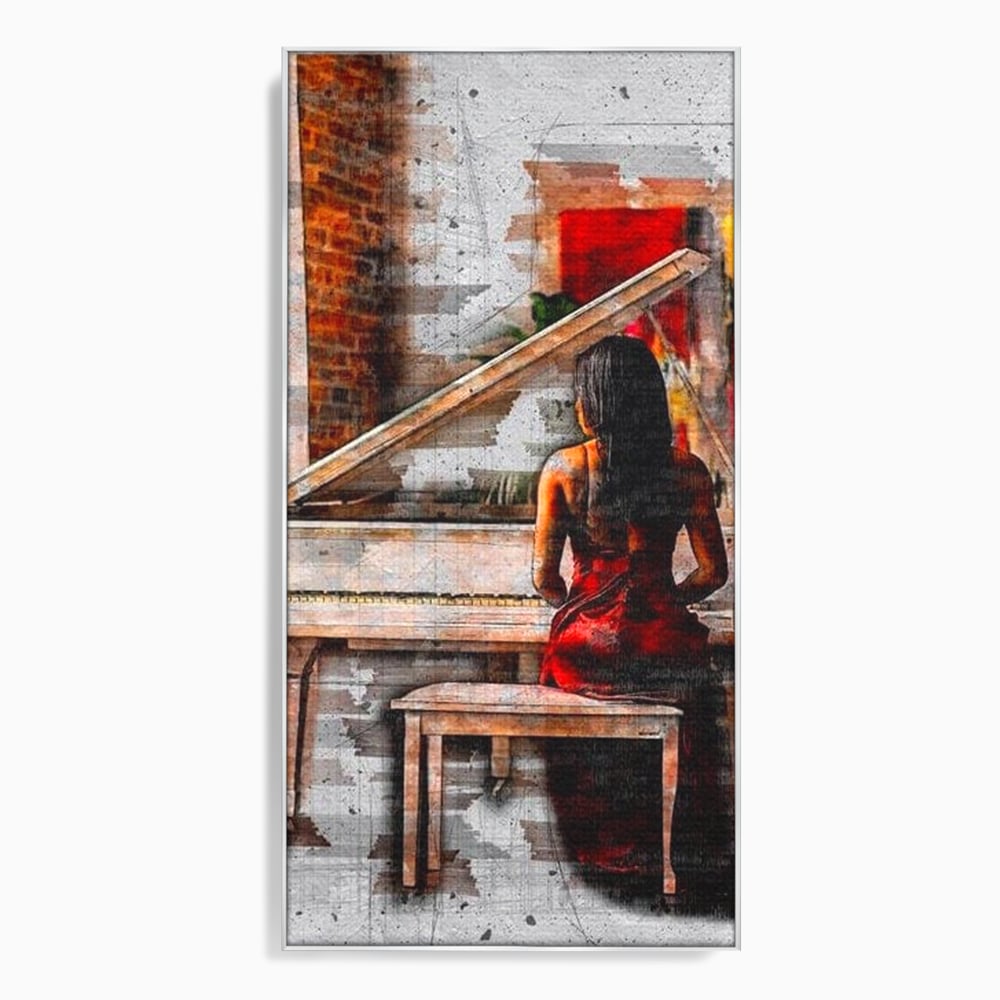 Tablou canvas cu tablou canvas cu pianistica in rosu, in rama de aluminiu argintiu